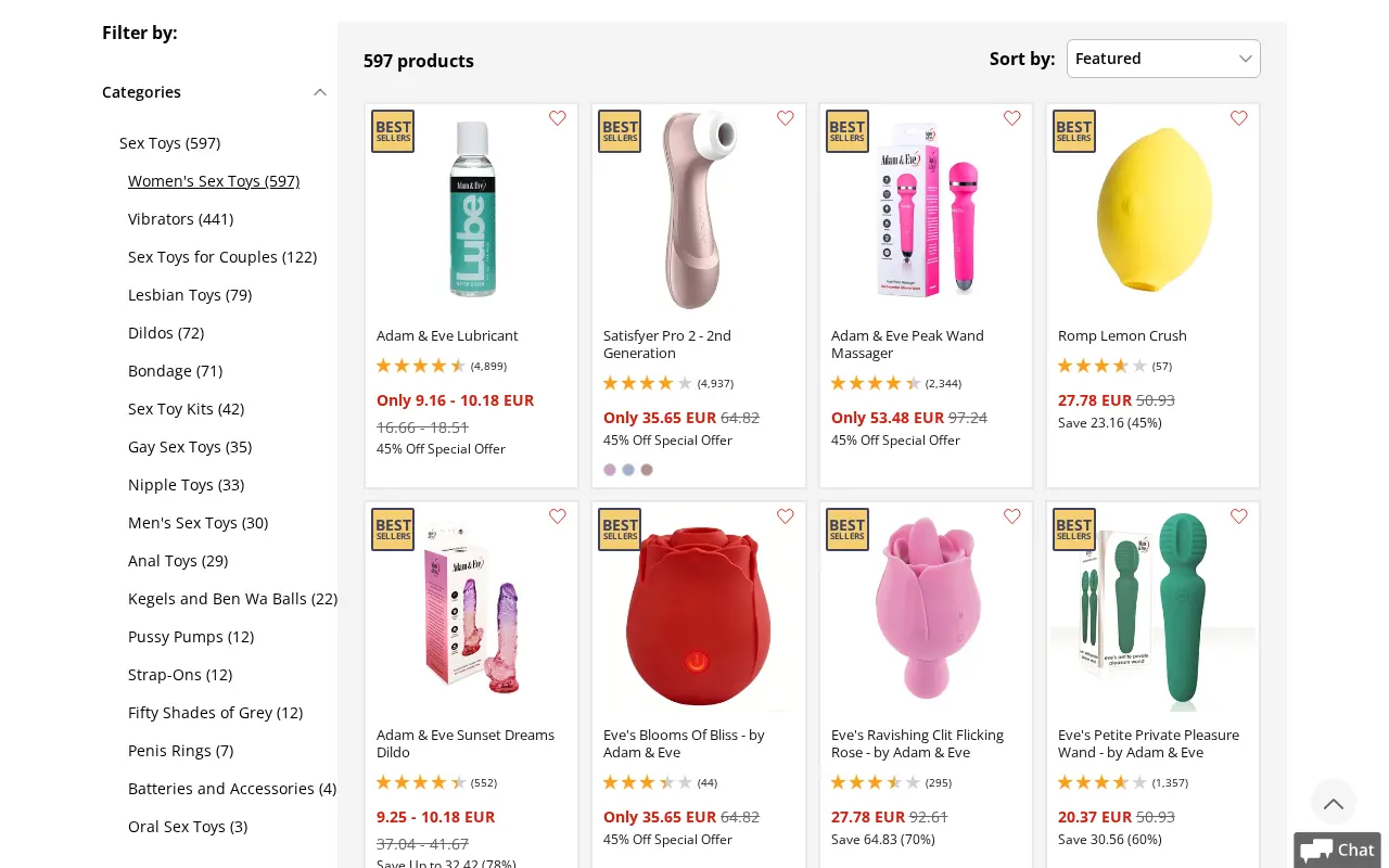 Adam & Eve's women's aisle, with the discounted price and customer rating under each item