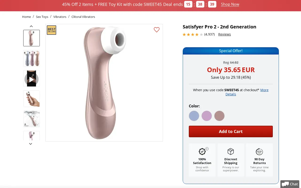 The Satisfyer Pro 2 product page at Adam & Eve, regular price, price with code and customer rating