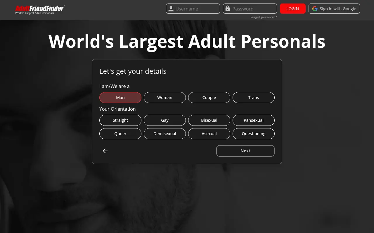 The second sign up screen, where the site asks what you are and offers eight orientations.