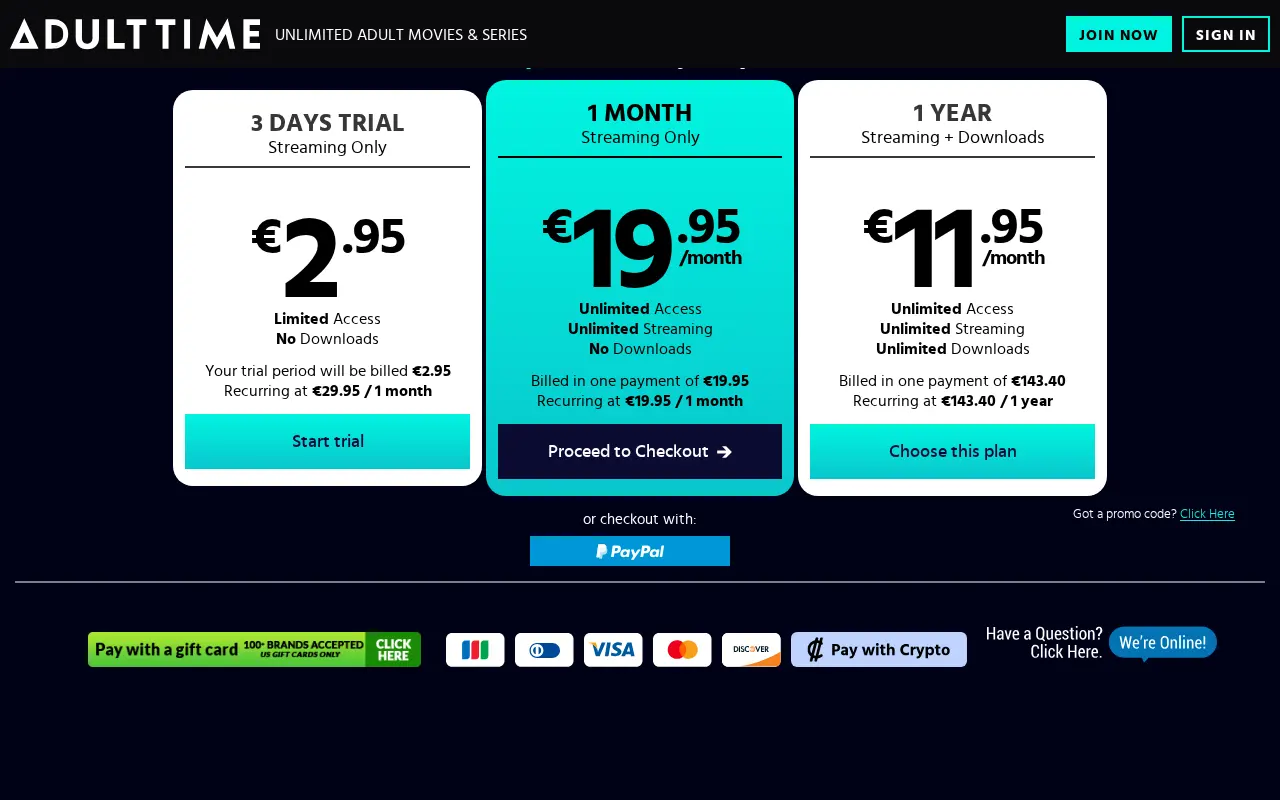 Adult Time's three plans and their renewal prices