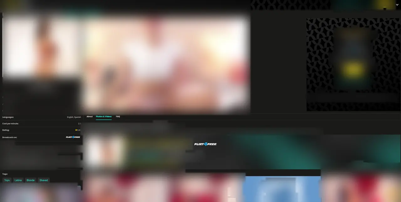 A model's page: the cost per minute is shown with no currency, and the Broadcasts on line names the platform that actually carries the stream, here Flirt4Free.