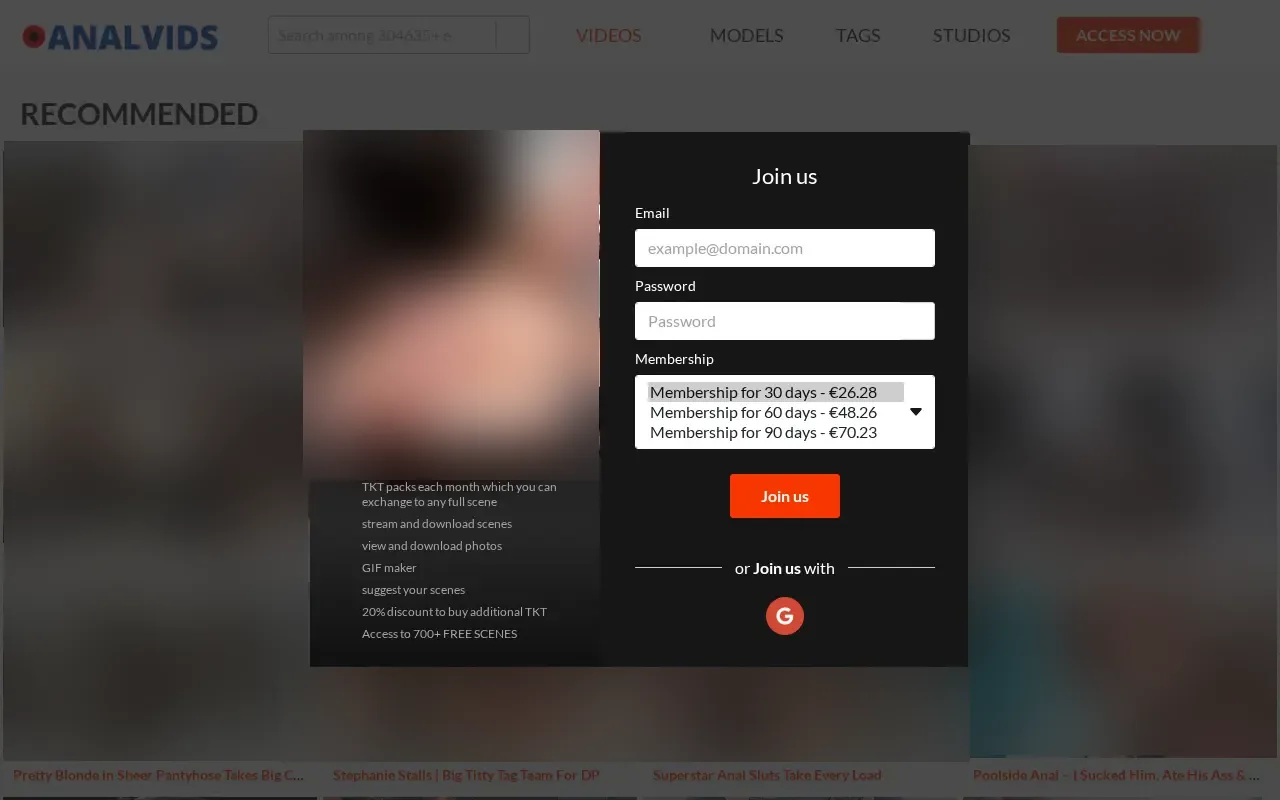 AnalVids membership lengths and prices in euros