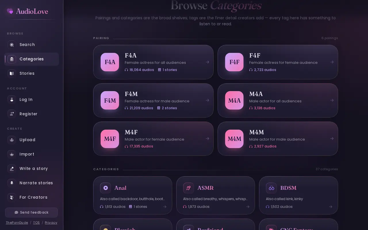 AudioLove voice pairings and categories with their counters