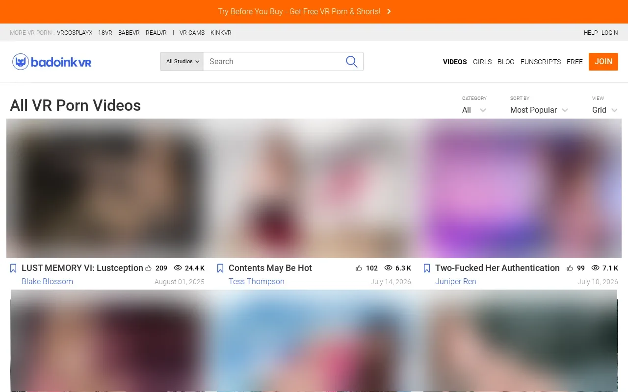 BaDoinkVR video catalogue with category filters