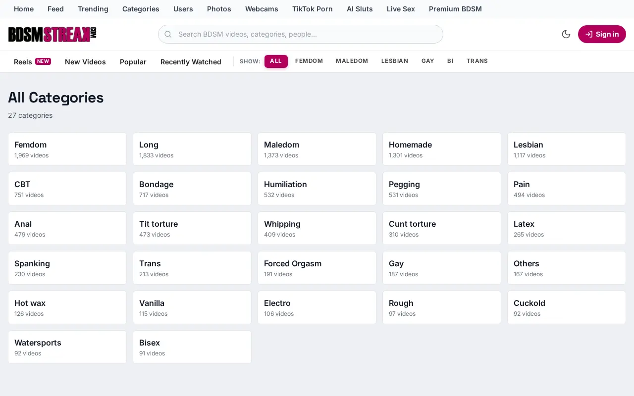 The site's twenty seven headings, each with its video count.