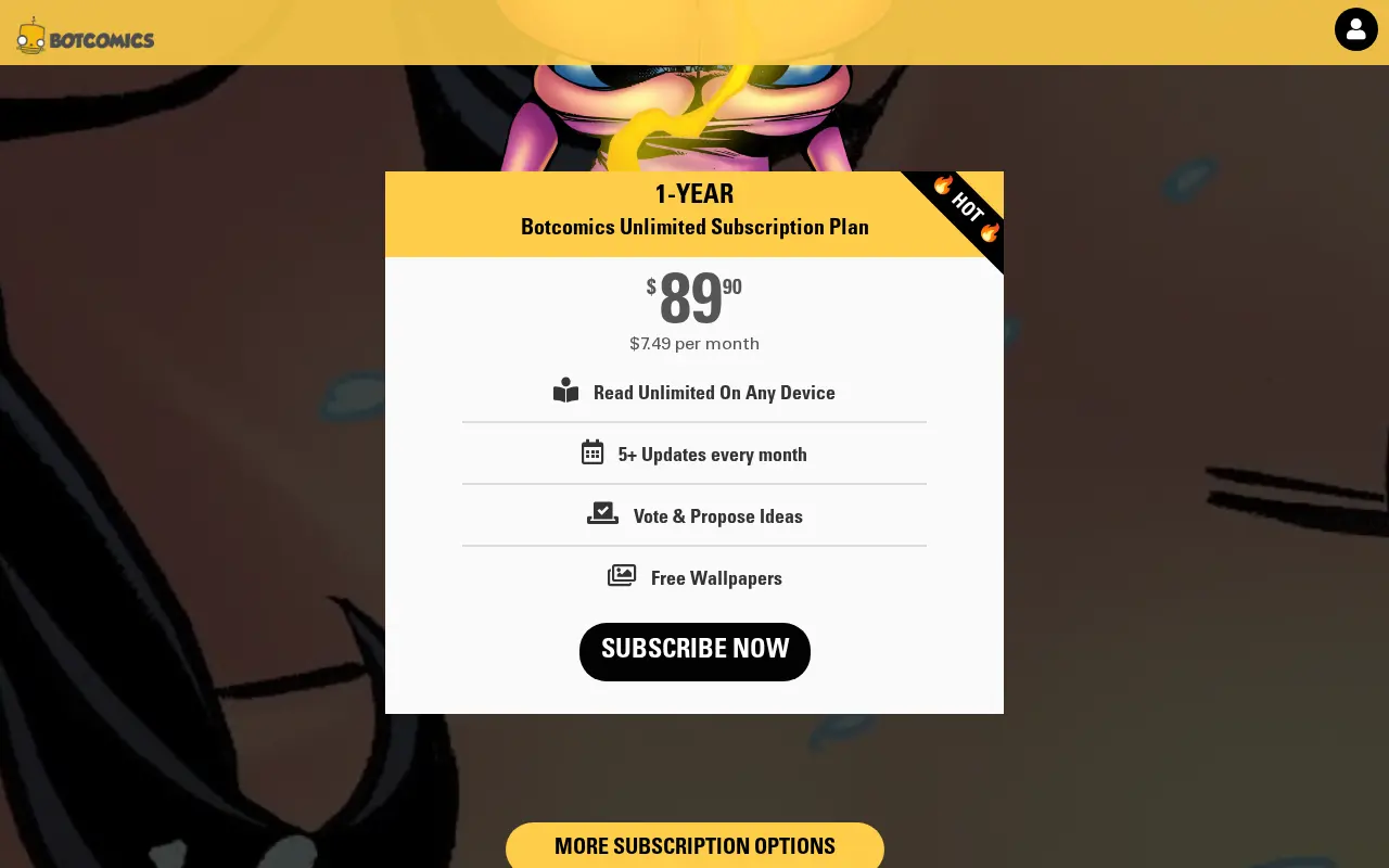 BotComics' plans, from 24.99 to 89.90 dollars