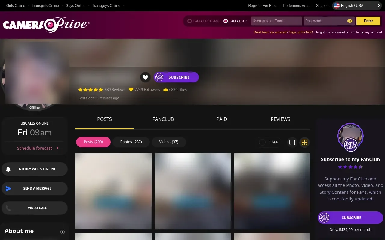 A model's profile on Camera Prive, with her feed and followers