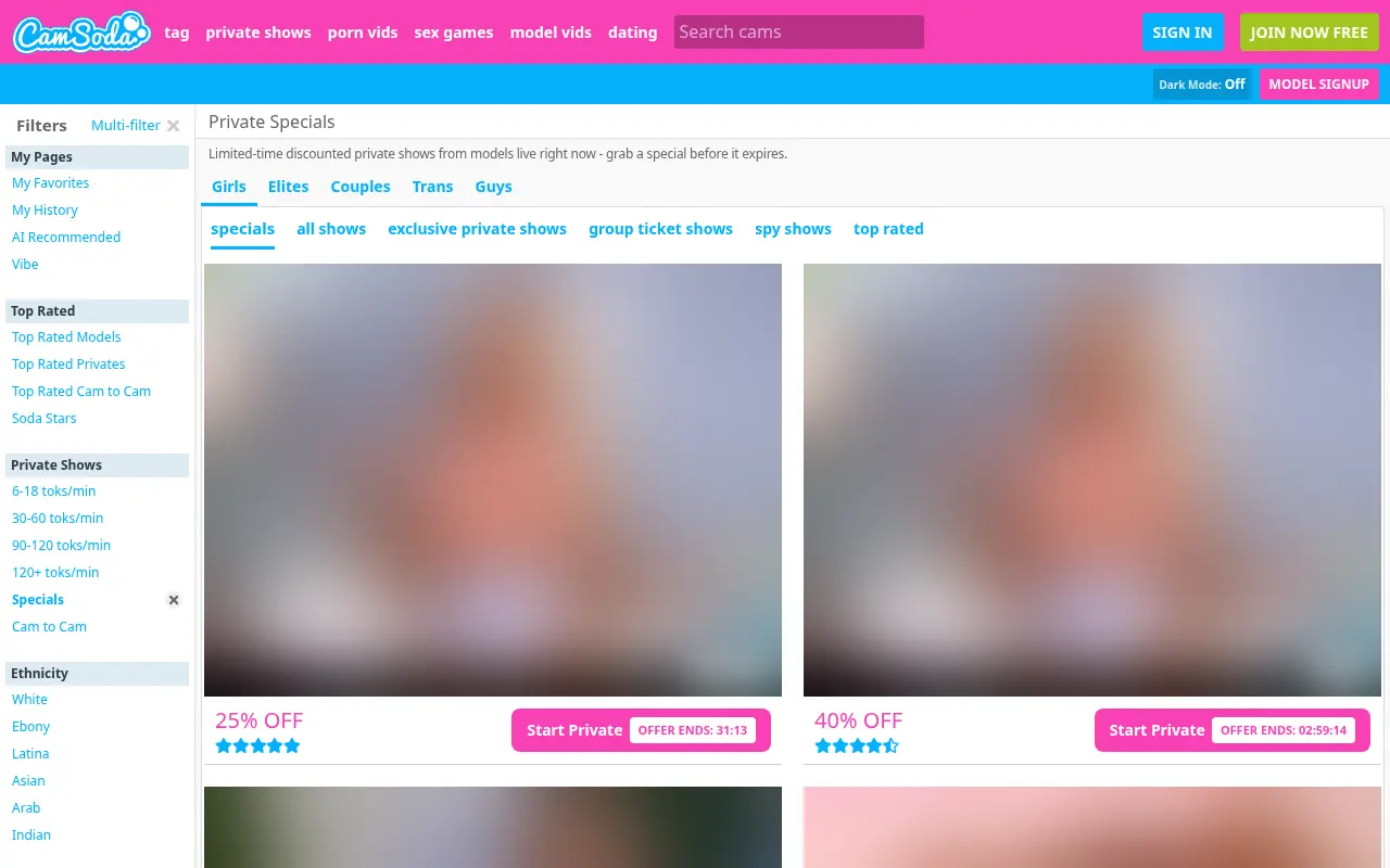 Discounted private shows on CamSoda, with discount and countdown