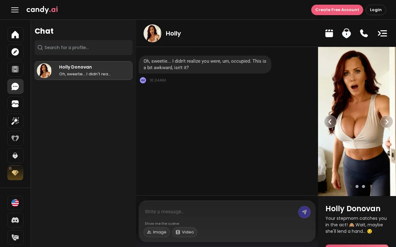 The conversation window: the character, its reply, and the buttons that order an image or a video.