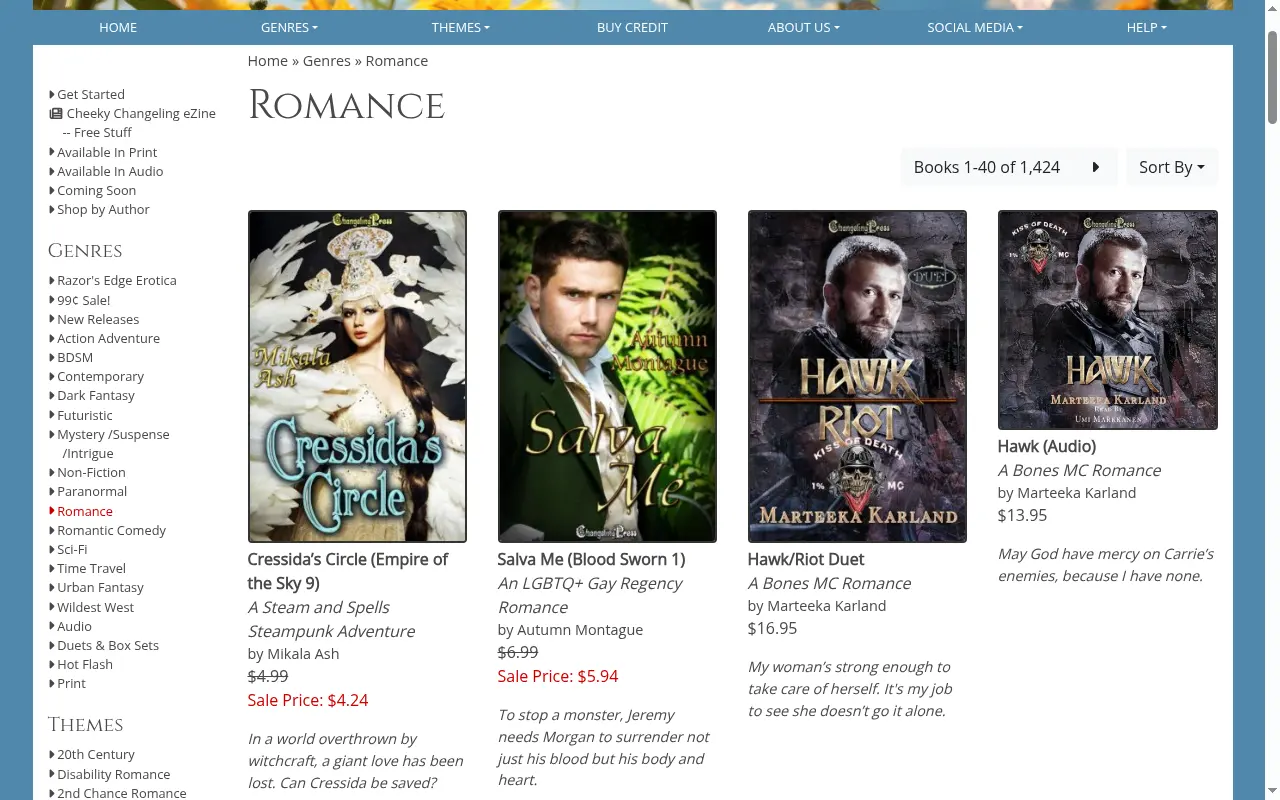The Romance section, the largest in the catalogue, with its count shown at the top.