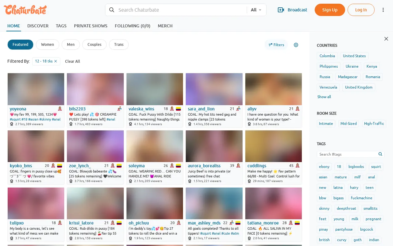 Chaturbate rooms sorted by private show rate, here 12 to 18 tokens a minute