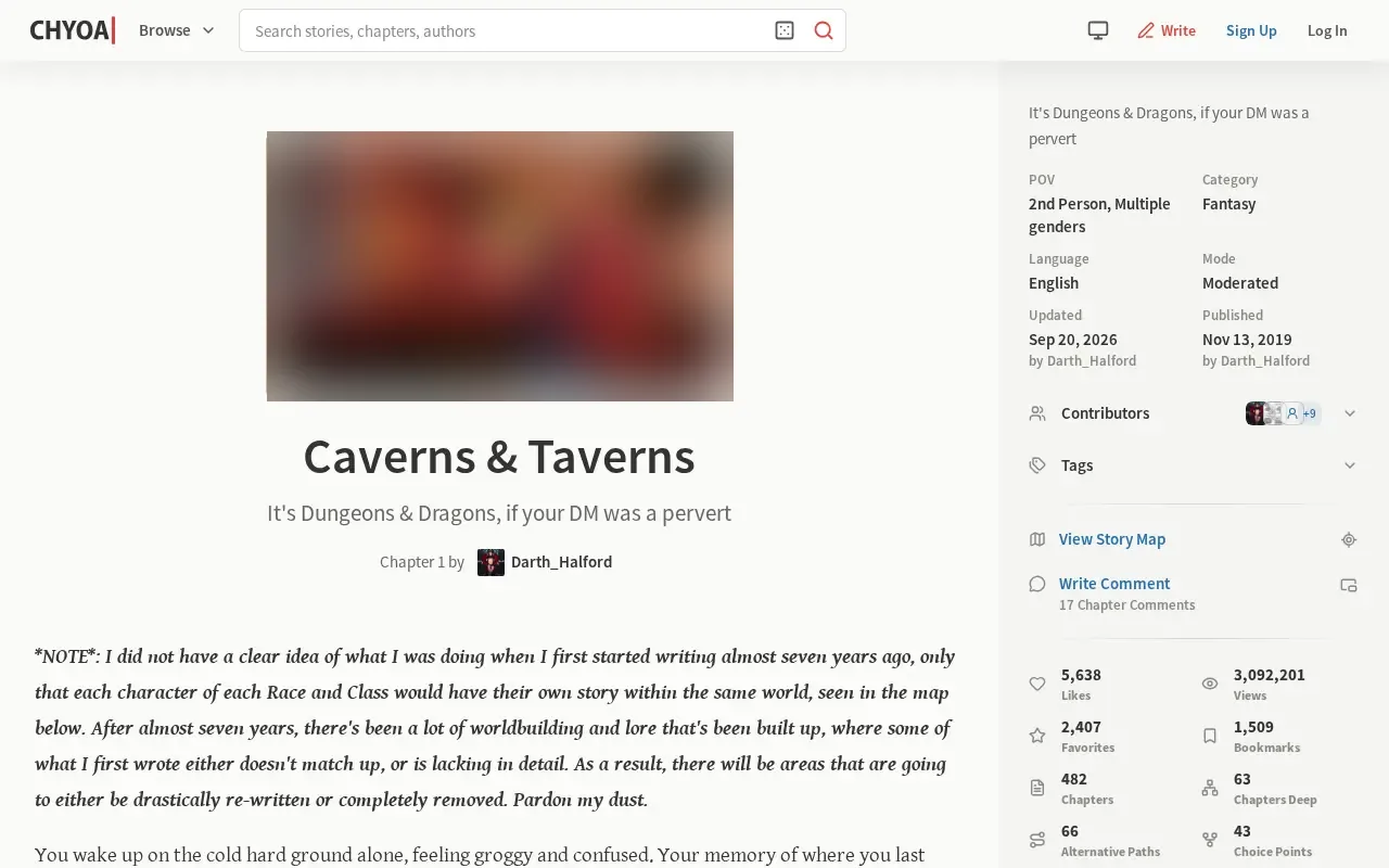 A CHYOA story with its chapters, paths and story map