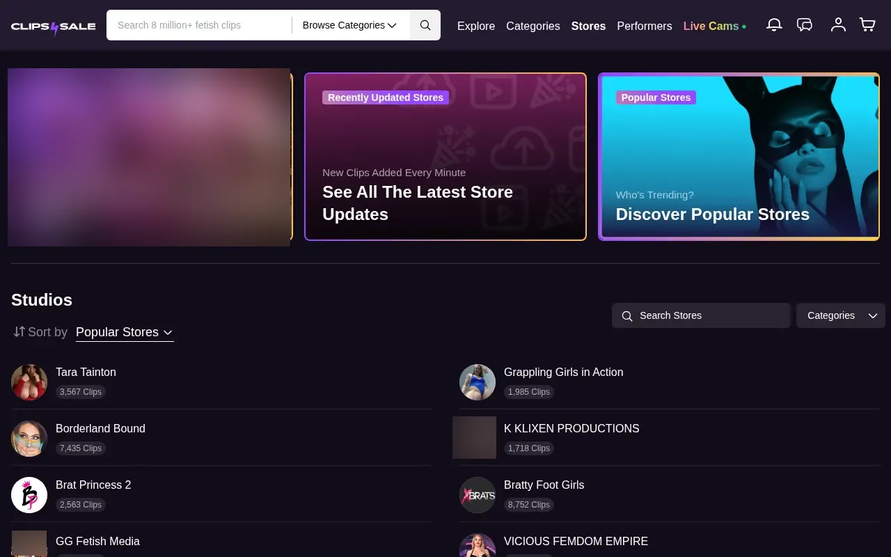 The list of the most popular stores, each with its clip count.
