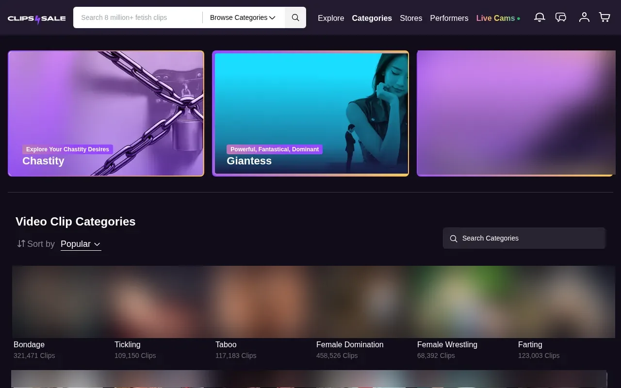 Clips4Sale categories with their clip counts