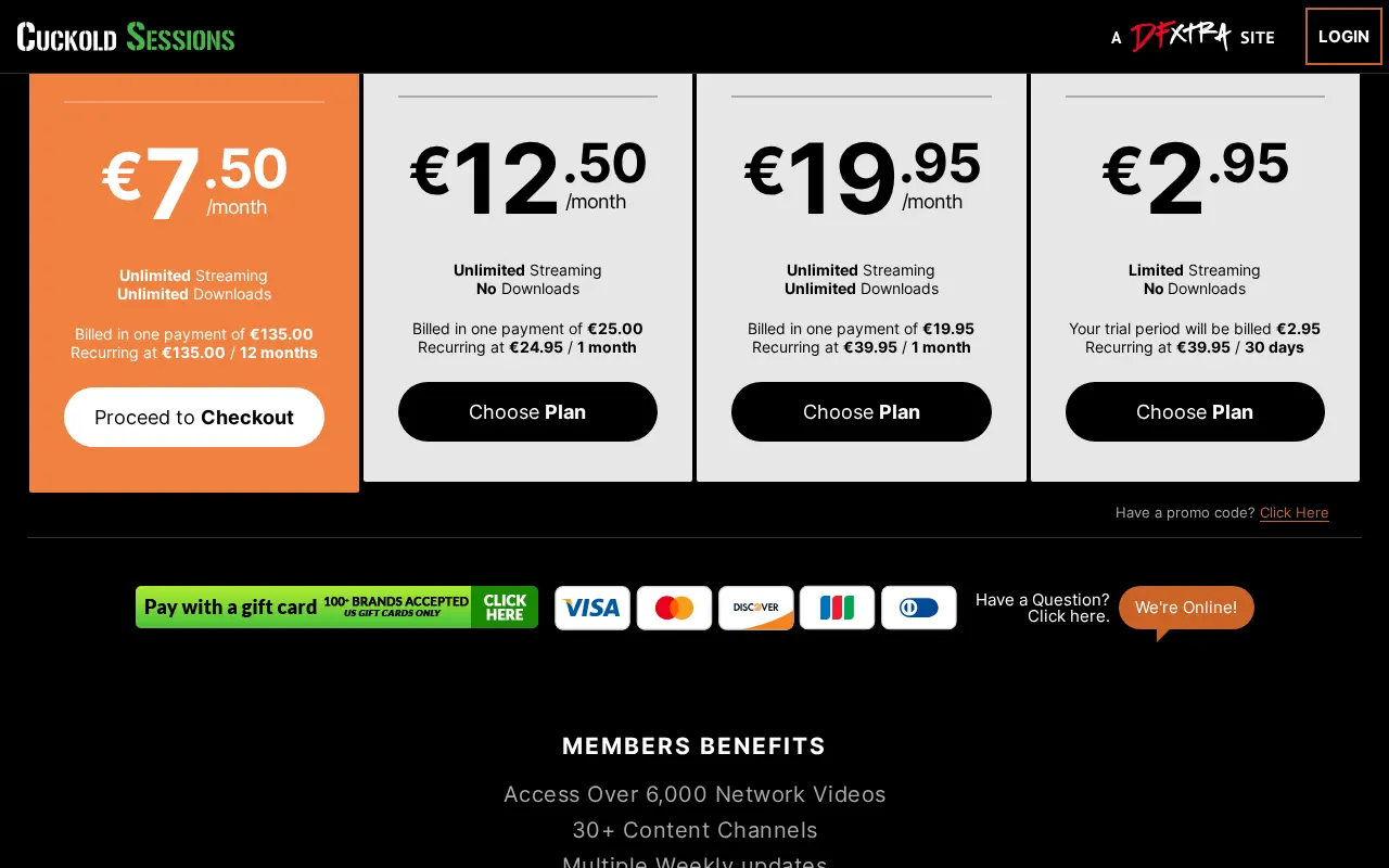The four Cuckold Sessions plans, in euros, with the renewal terms in small print.