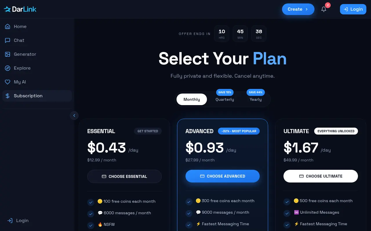 The three DarLink AI plans and their monthly prices, shown without an account.
