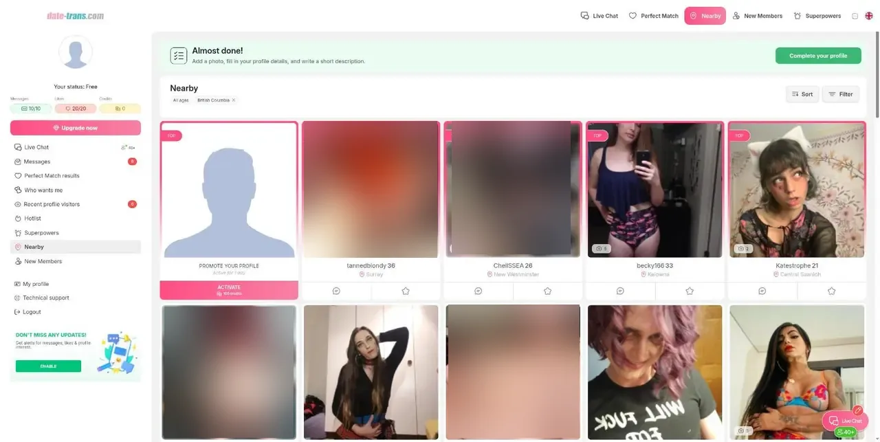 Date-Trans Nearby grid of members in British Columbia