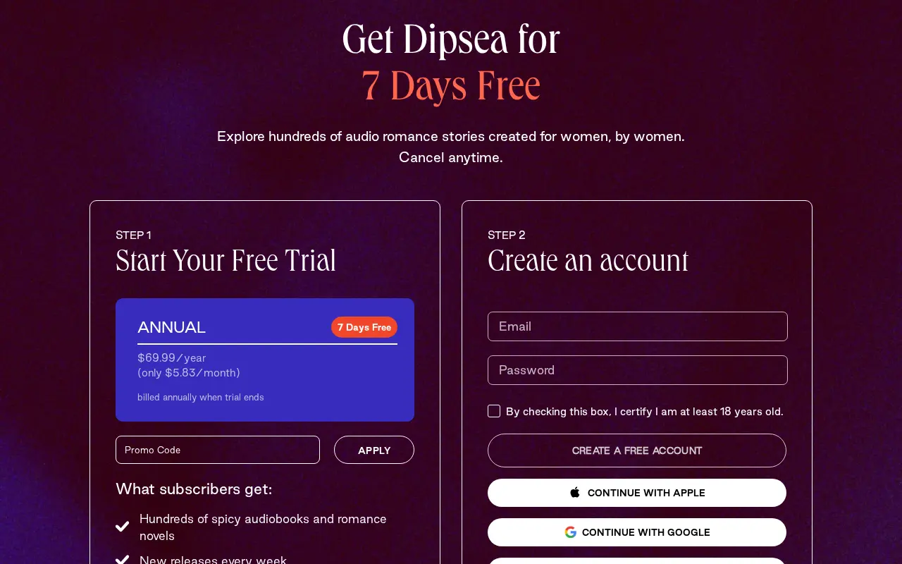 Dipsea's annual plan and its seven-day trial