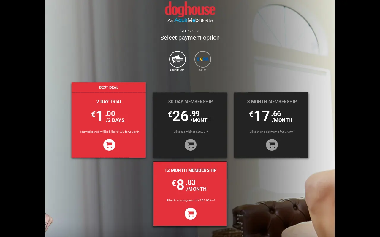 The Doghouse Digital join page, in euros on 10 September 2026: the two day trial at 1 euro going back to 35.99 euros, the month at 26.99 euros, three months at 52.99 euros and the year at 105.99 euros, card or SEPA.