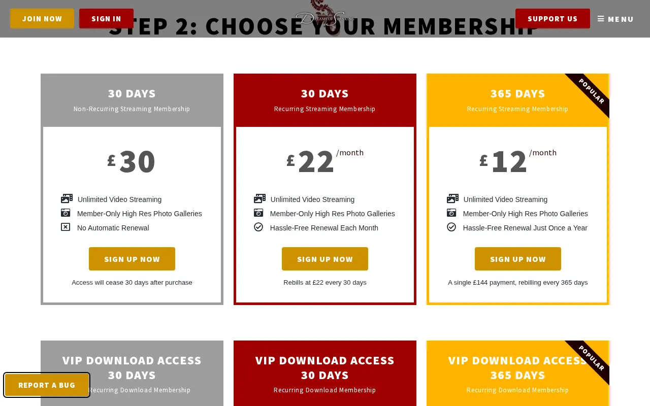 Dreams of Spanking membership plans in pounds sterling