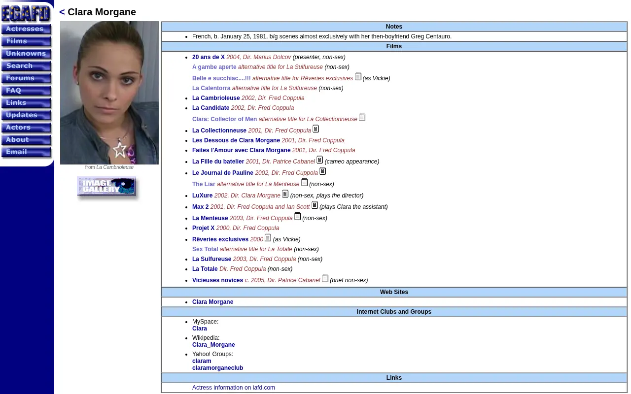 Clara Morgane's EGAFD entry, films, foreign titles and a link to IAFD