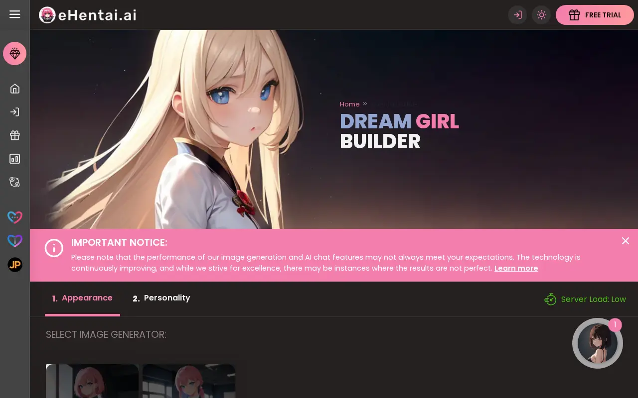 The builder: appearance first, then temperament, with a warning from the site about the limits of its image generation.