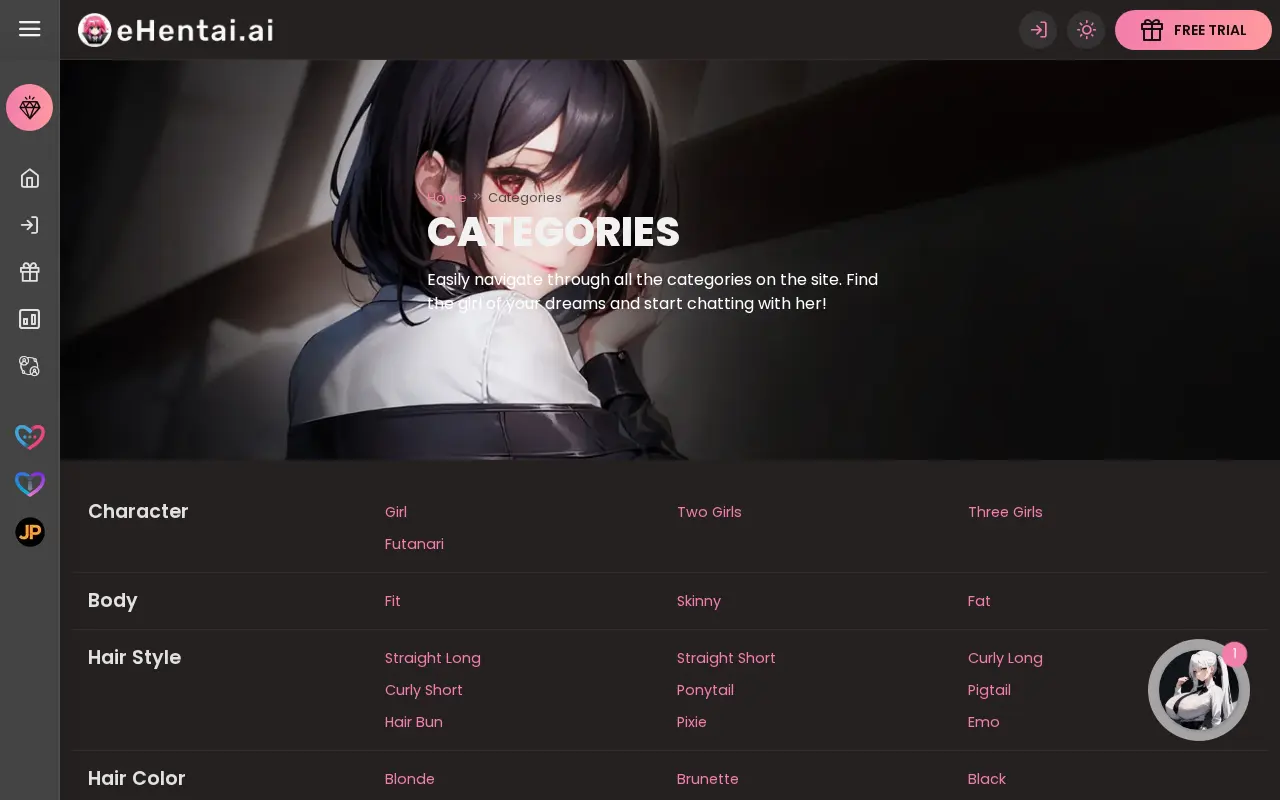 eHentai.ai categories, from character type to hairstyle