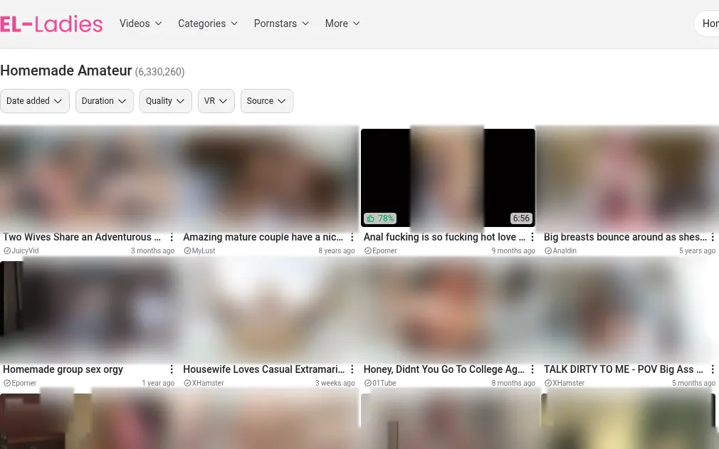 The Homemade Amateur section and its 6,330,260 entries. Under each thumbnail, the client site it leads to.