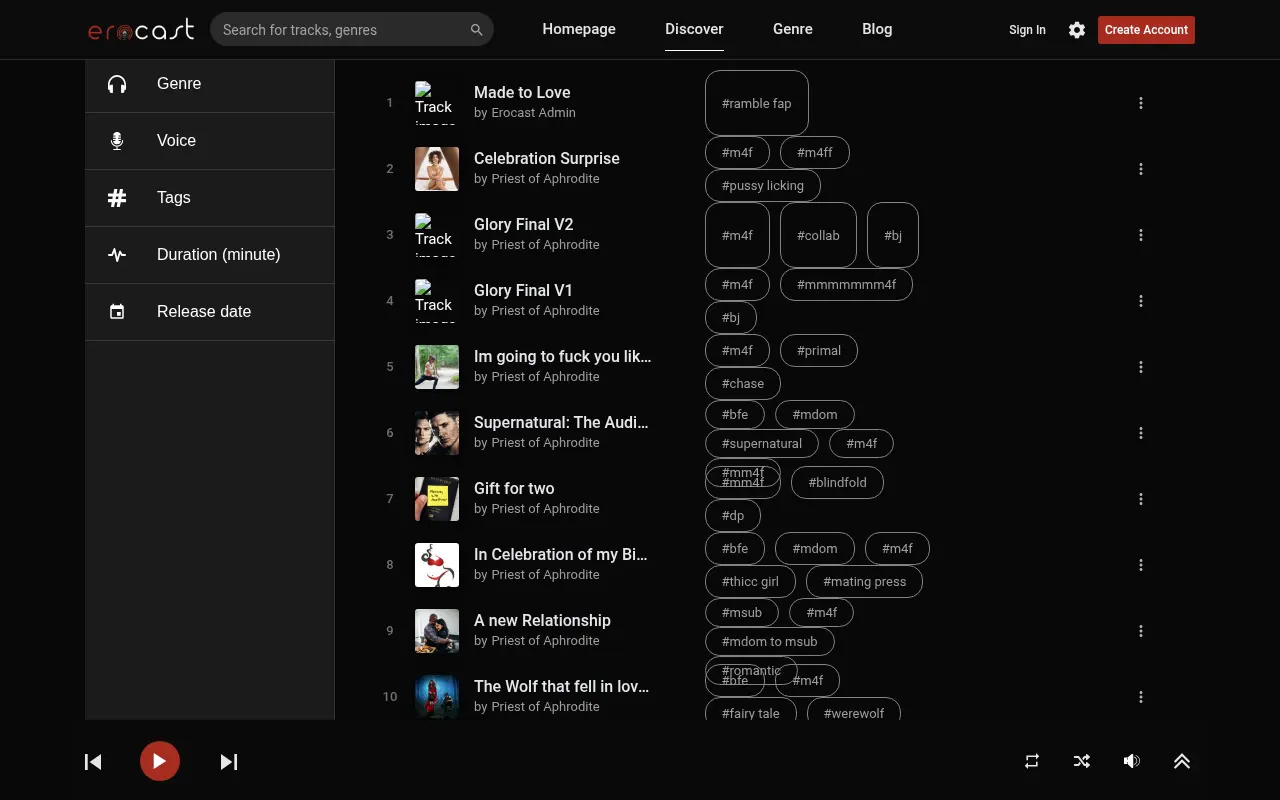 The Erocast Discover page and its filters