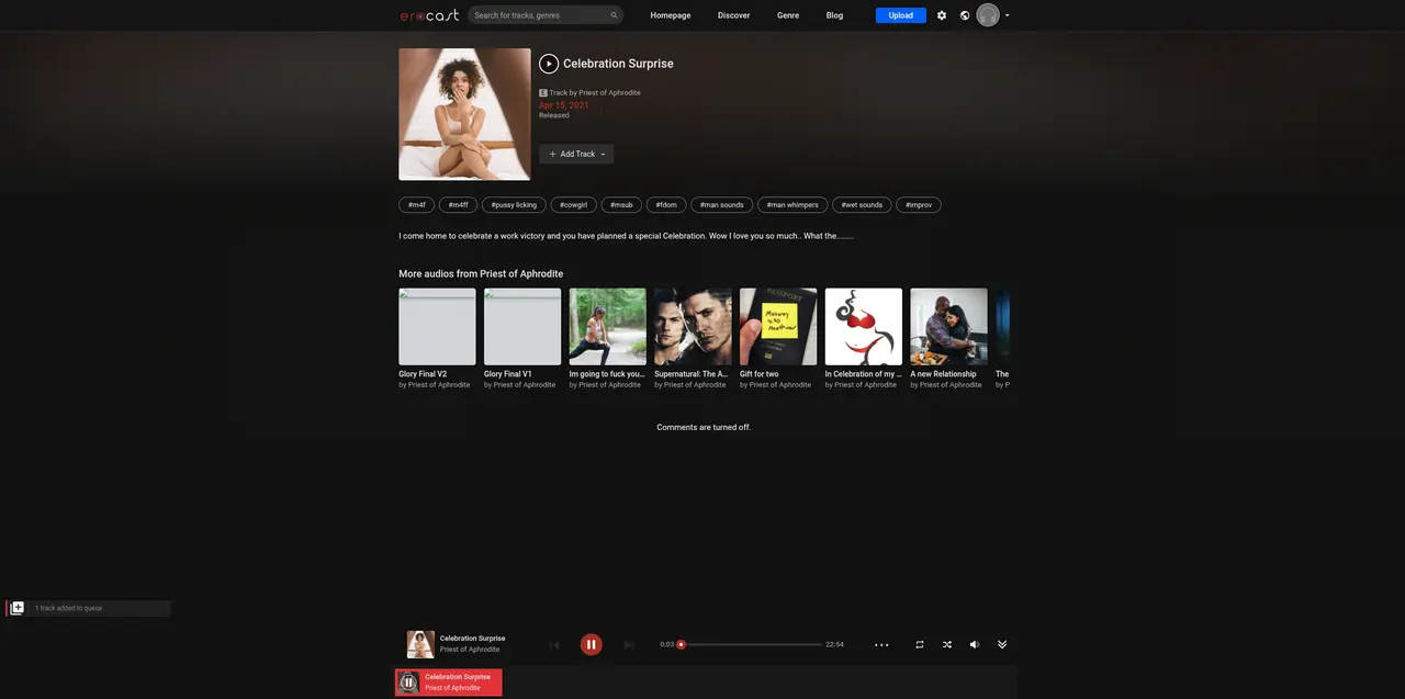 A recording page on Erocast, with its tags