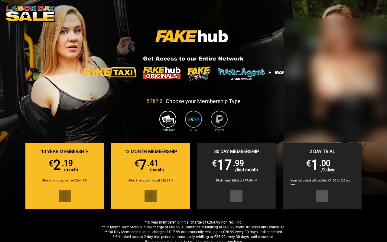 The Fakehub join page, in euros on 10 September 2026: ten years at 264.99 euros with no renewal, the year at 88.99 euros, the first month at 17.99 euros then 26.99, and the two day trial at 1 euro.