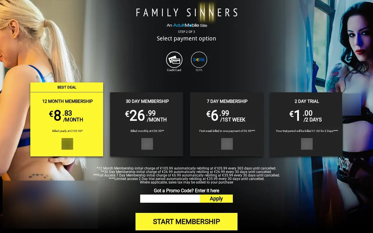 La page d'inscription de Family Sinners, en euros depuis la France le 10 septembre 2026 : l'année à 105,99 euros, le mois à 26,99 euros, la semaine à 6,99 euros et l'essai de deux jours à 1 euro, ces deux derniers repartant à 35,99 euros, carte ou SEPA seulement.