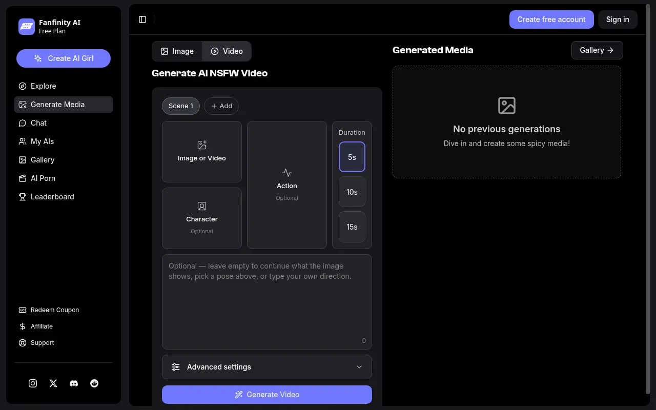 The Fanfinity video generator, open without an account.
