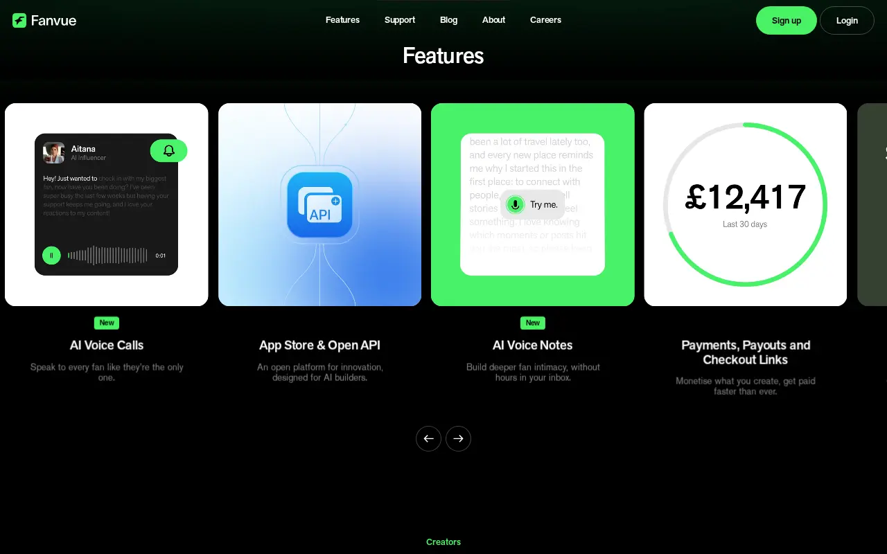 The features showcased on the home page, including generated voice calls and voice notes.