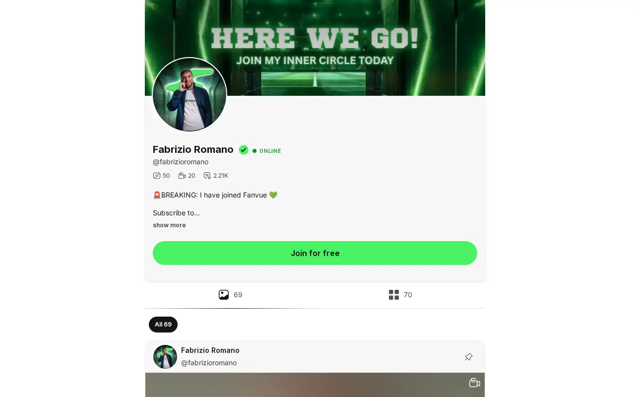 Fabrizio Romano's Fanvue profile, with locked posts and a free subscription
