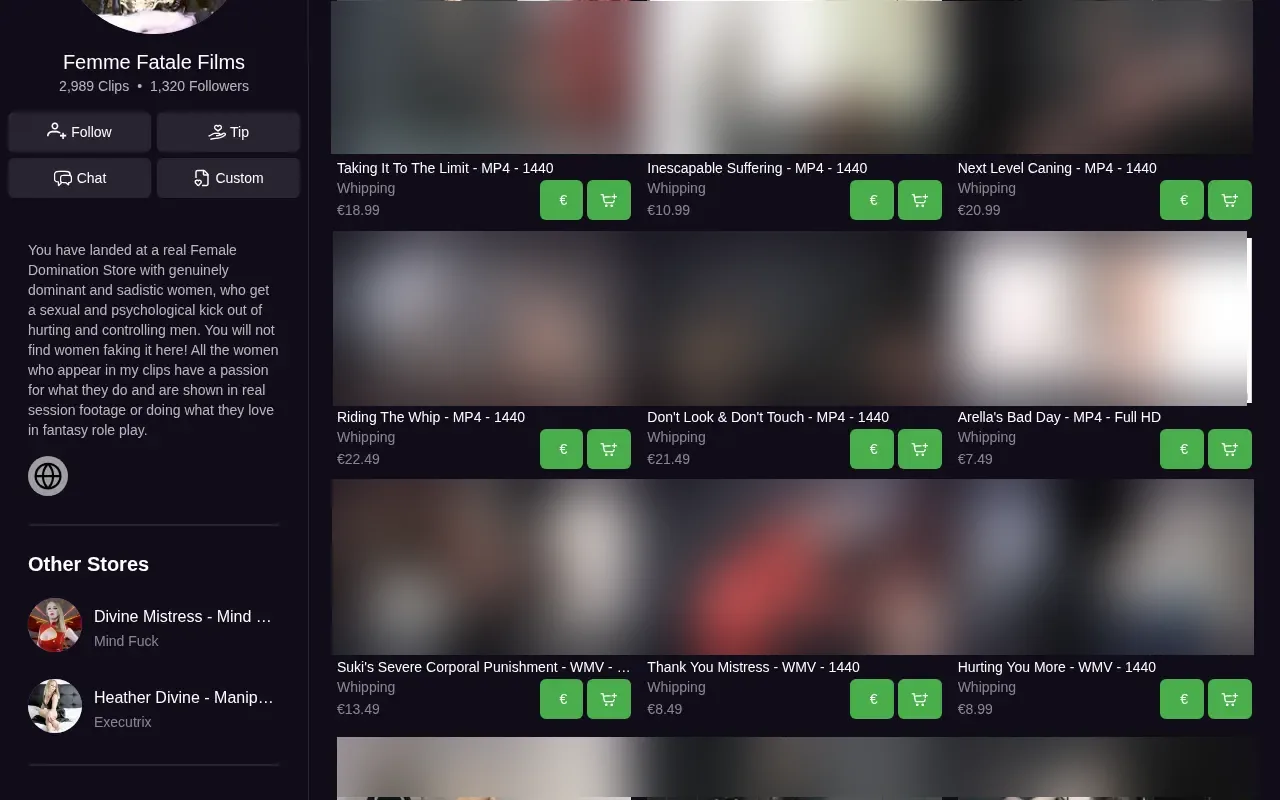 Femme Fatale Films whipping section, one price per clip