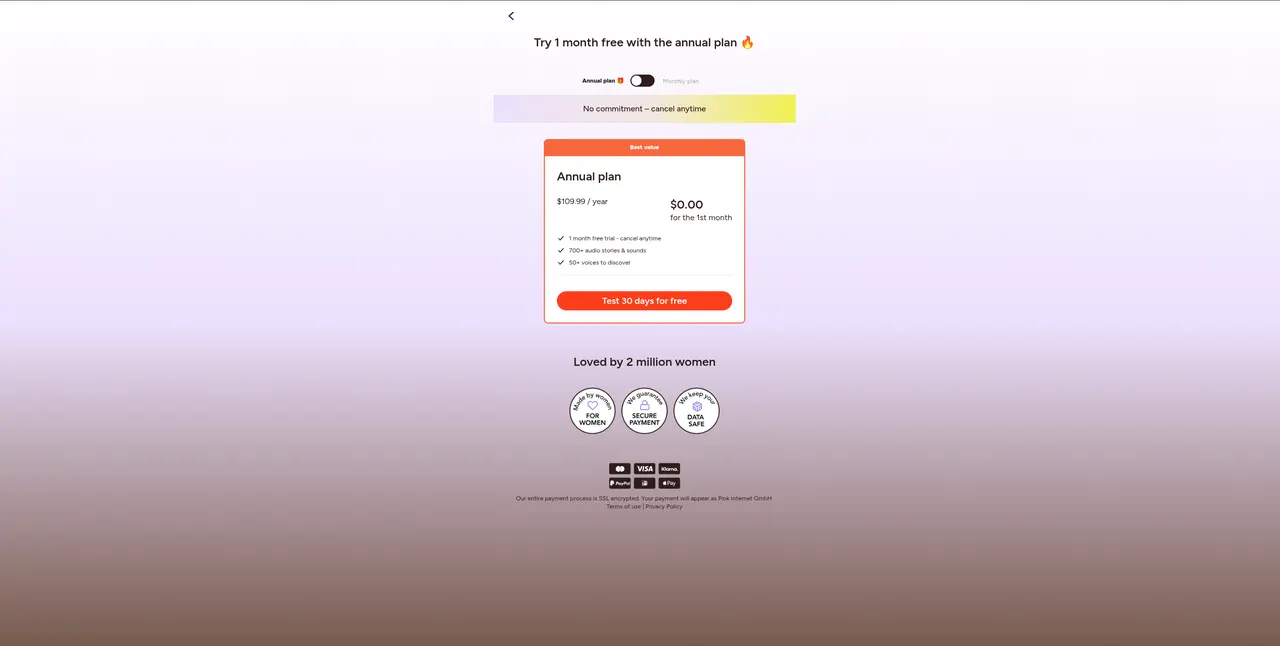 femtasy's monthly plan, with no free trial