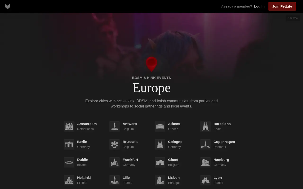 The European cities in FetLife's event guide