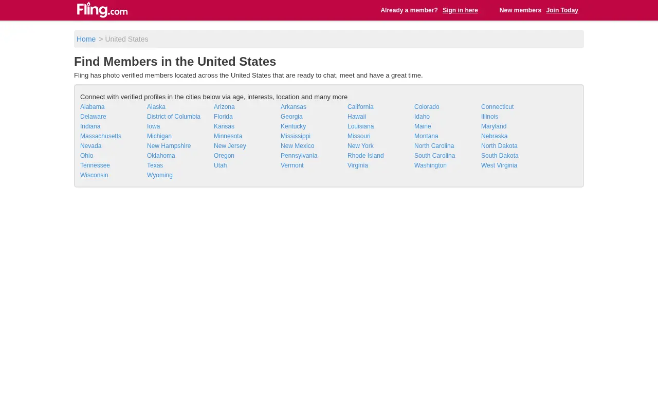 Fling's local dating page, sorted by state
