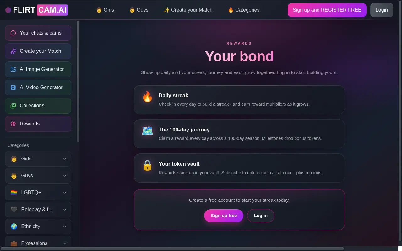 The FLIRTcam.AI rewards: a daily streak, a hundred day journey, and a token vault that only a subscription opens.