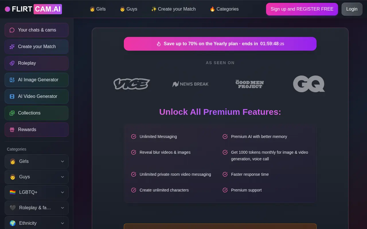 FLIRTcam.AI Premium page and its features