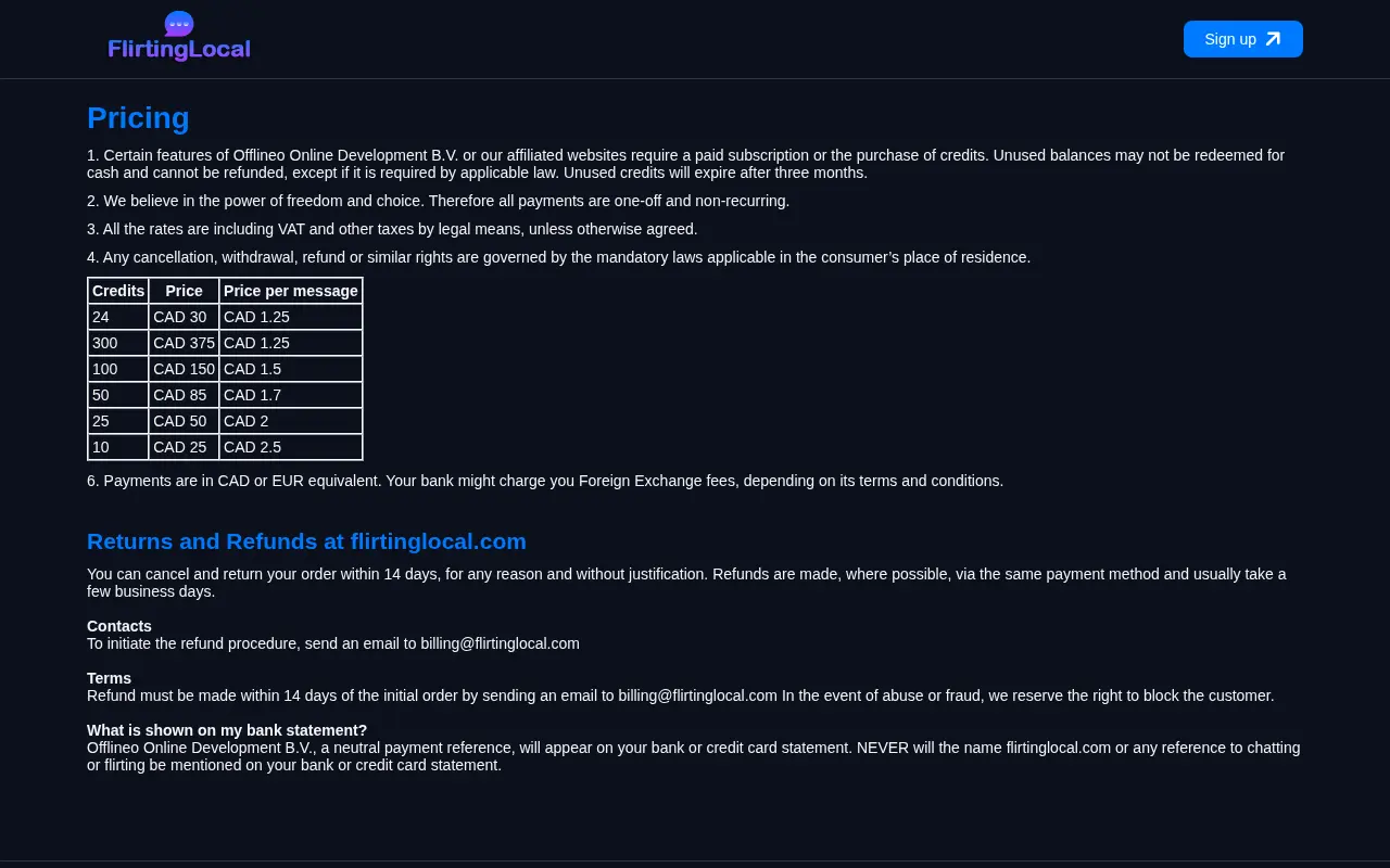 FlirtingLocal credit pricing table