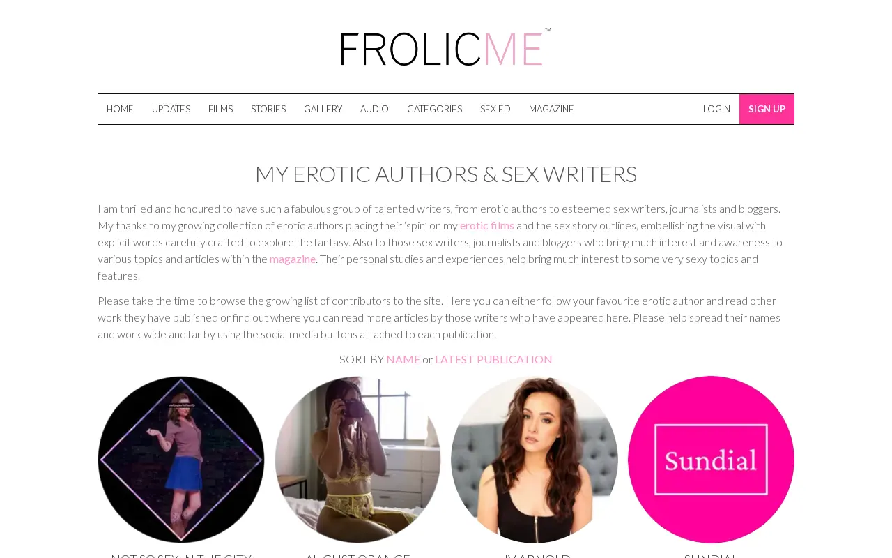 FrolicMe authors page, one portrait and name per writer