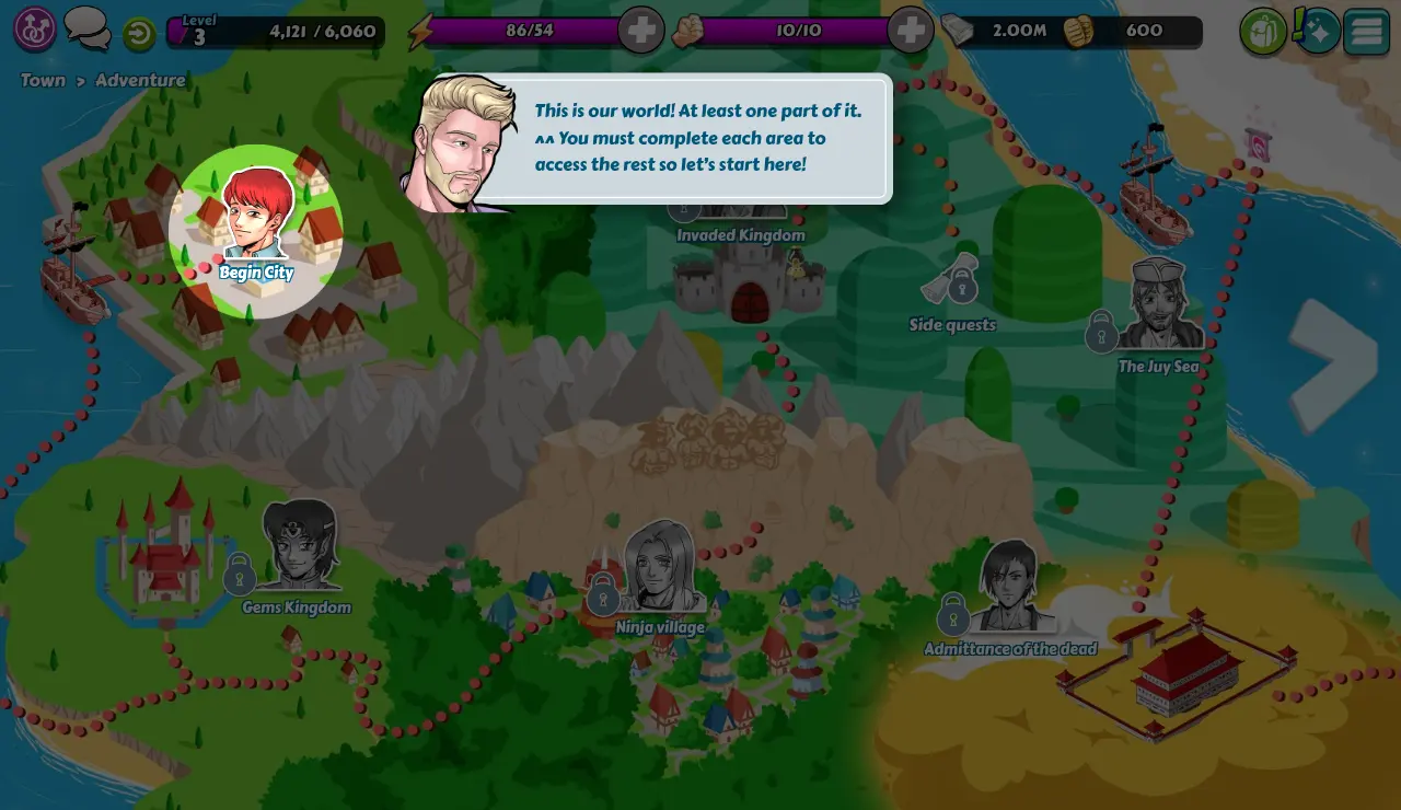 The adventure map: sixteen areas, each opened by the one before.
