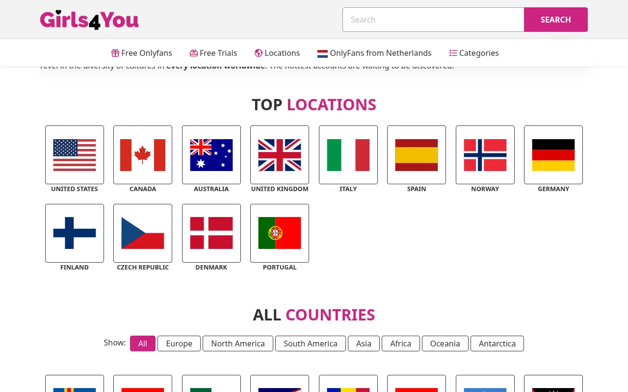Girls4You's search by country, twelve featured and the full list