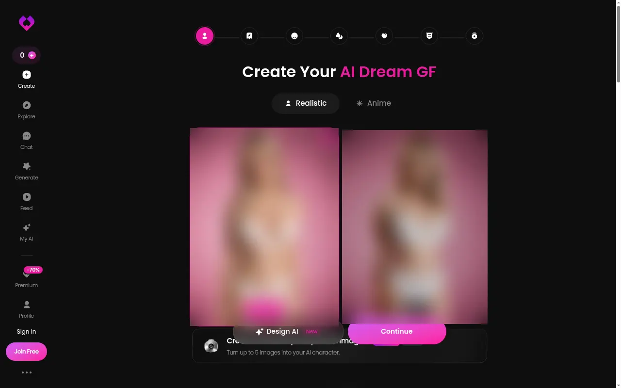 The GoLove AI character builder, before any sign-up.