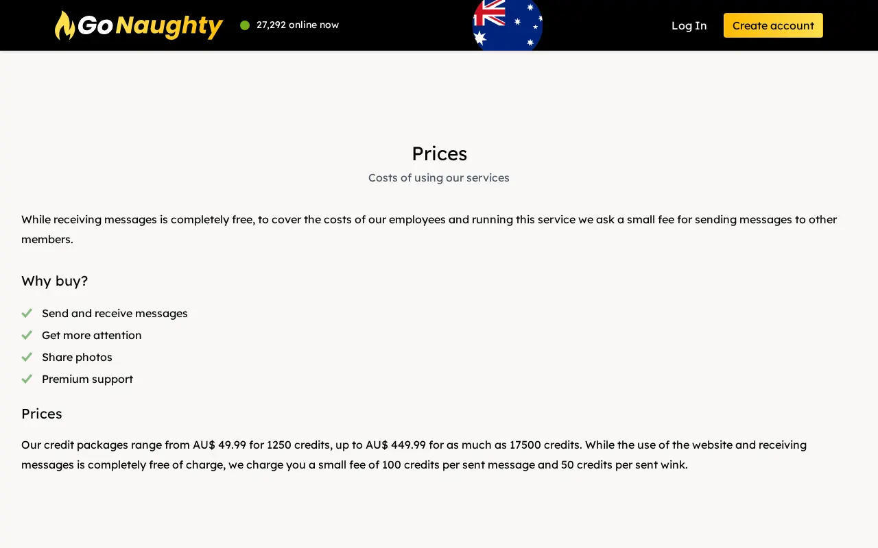 GoNaughty prices page with credit packs in Australian dollars