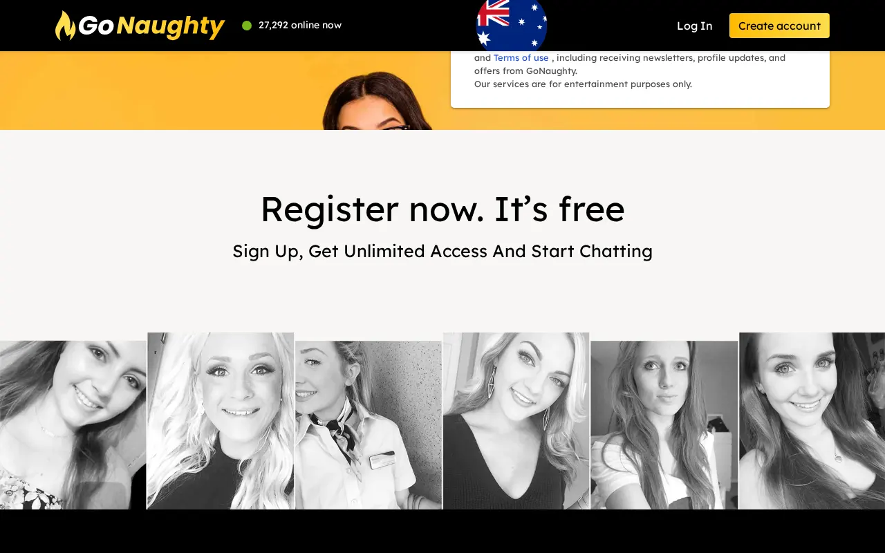 GoNaughty home page, free sign up and member profiles