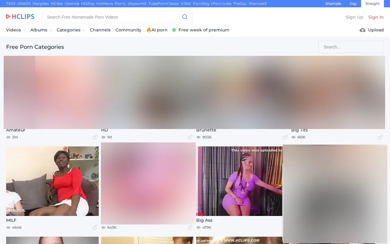 HClips categories, led by Amateur with 2 million videos