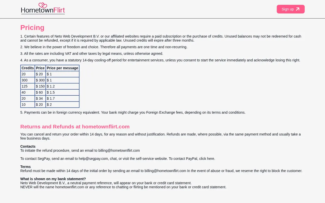 The HometownFlirt pricing page: six credit bundles, 1 to 2 dollars a message, and the fourteen day refund.